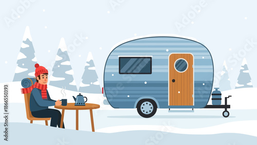 Cozy Winter Camping Scene With A Man Enjoying Hot Drink Outside His Caravan