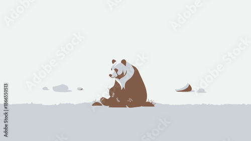 Contemplative Bear In Flat Design Sitting On A Ground With Simple Background