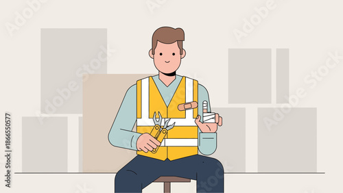 Craftsman's Plight Worker Injury Illustration Showing First Aid And Workplace Safety