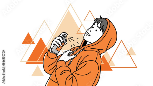 Cooling Down: Young Man Sprays Refreshing Mist on Face on Hot Day with Geometrical Background