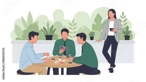 Corporate Relaxation Men Playing Cards During Coffee Break Office Escape