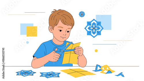 Creative Boy Making Paper Snowflake Decorations For Winter Holidays With Scissors