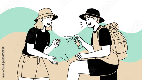 Couple Applying Insect Repellent Preparing For Outdoor Adventure Trip Together