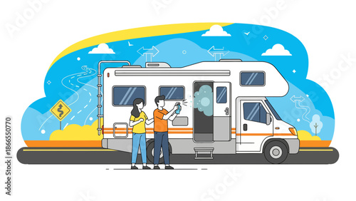 Couple Cleaning Their Rv Preparing For A Road Trip Adventure Outdoors
