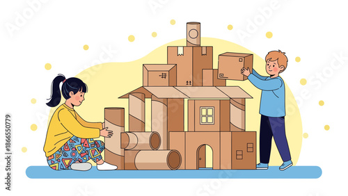 Creative Children Building Cardboard Fort Together Having Fun Crafting Project