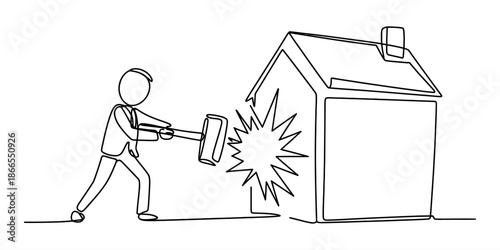 Single continuous line art of a man demolishing a house with a hammer Vector, illustration