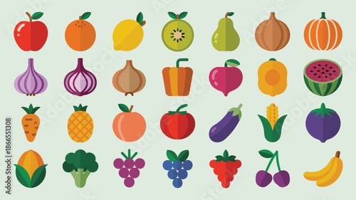 Collection of Flat Design Icons of Fruits and Vegetables colorful