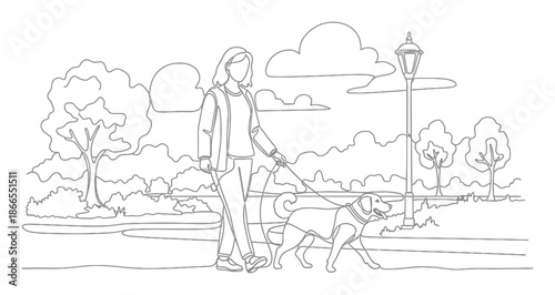 Dog Walk - Minimalist Line Art Illustration