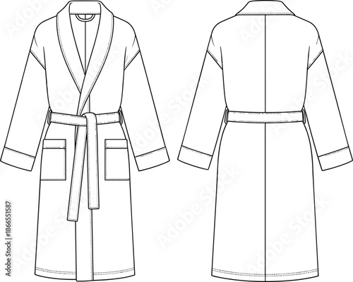 Bathrobe technical sketch, fashion flat, vector illustration, front and back view, garment design, shawl collar, belt, pockets, cuffs