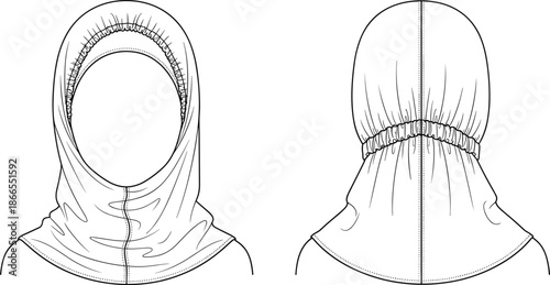 Balaclava hood technical sketch, front and back view, cad drawing, flat vector illustration, garment design, elastic detail, apparel template