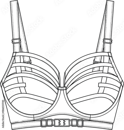 Bra technical fashion sketch, lingerie design blueprint, underwire bra vector, garment construction drawing, adjustable strap detail, CAD drawing flat vector illustration