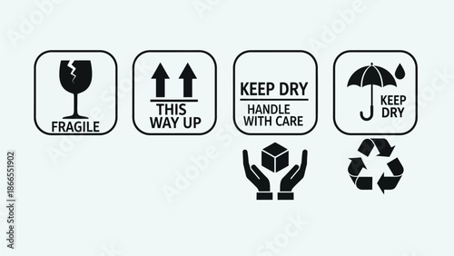 Set of black shipping labels with handling instructions on white background.