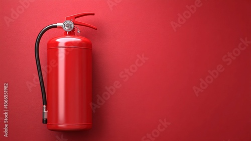 A red fire extinguisher mounted on a red wall for safety and emergency purposes