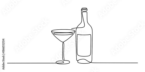 Continuous line art illustration of a bottle and a martini glass Vector, illustration