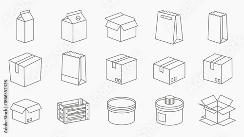 Collection of various packaging materials and containers in simple line drawings.