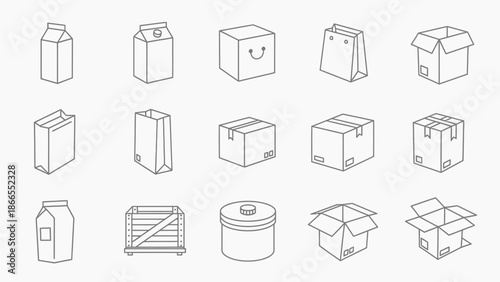 Collection of Various Packaging Containers and Boxes Outlined.