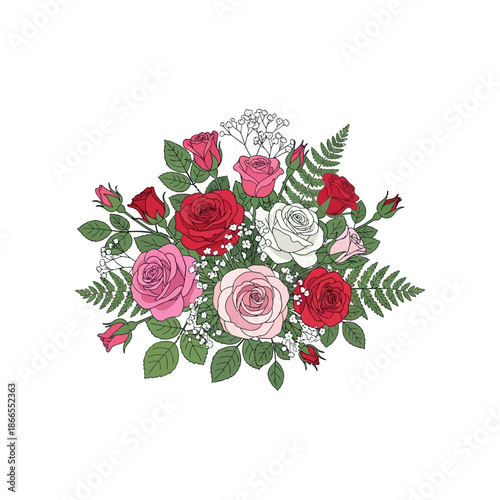 Digital illustration viewing Pageych Pageych bouquet with roses and leaves