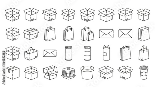 Collection of simple line art icons representing various packaging and shipping items.