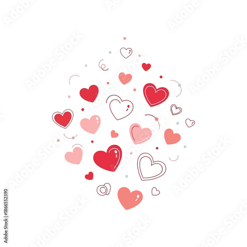 A collection of red and pink hearts floating in the air on a white background.