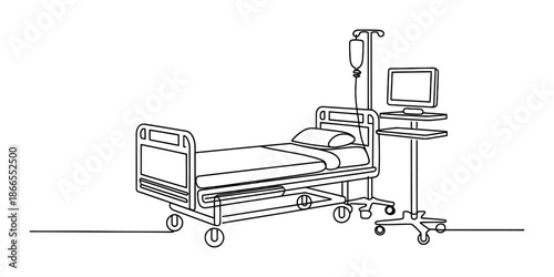 A continuous line drawing illustrating a hospital bed, iv stand, and medical monitor Vector, illustration