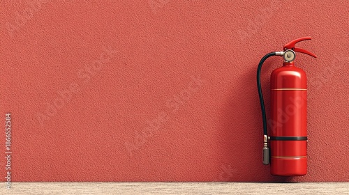 Red fire extinguisher on textured wall with empty space