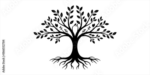 Stylized black and white silhouette of a tree of life with sprawling roots Vector, illustration