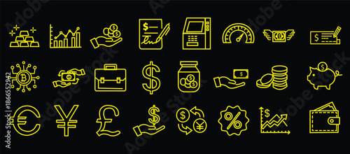 Finance line icon set. Vector pictograms of money, wallet, banking tools, currency symbols, investment chart, financial services, piggy bank, dollar thin linear illustration
