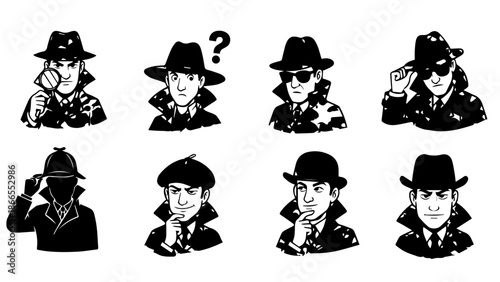 Detective characters in various poses isolated on white background, Vector