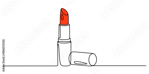 Continuous single line drawing of an open red lipstick tube with a separate cap Vector, illustration