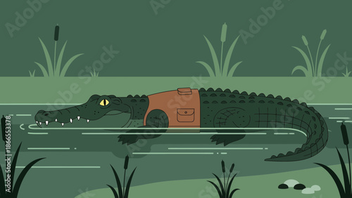 Cartoonish Alligator Floating In Marshy Waters Wearing A Brown Safari Vest