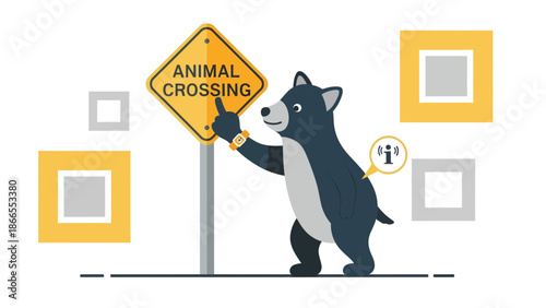 Cartoonish Animal Illustration Beside A Road Sign With Geometric Shapes Floating Around