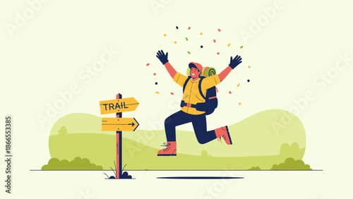 Cheerful Hiker Celebrating Trail Achievement With Confetti, Enjoying Nature