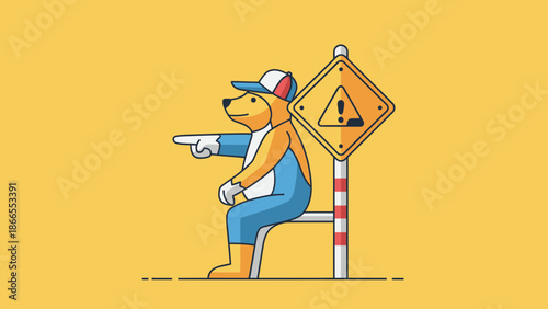 Cartoonish Bear Pointing Near A Warning Sign Sitting On Bench In Yellow Background
