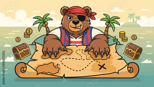 Cartoonish Bear Pirate Looks At A Treasure Map On Tropical Island Vector