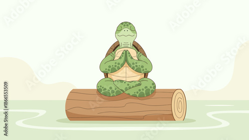 Cartoonish Turtle Meditating Peacefully on Log, Promoting Calmness and Mindfulness