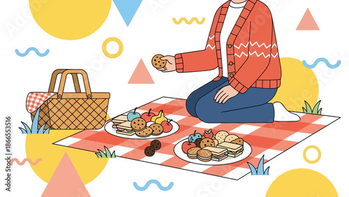 Cheerful Picnic Illustration Featuring a Girl Enjoying Food on a Blanket Outdoors