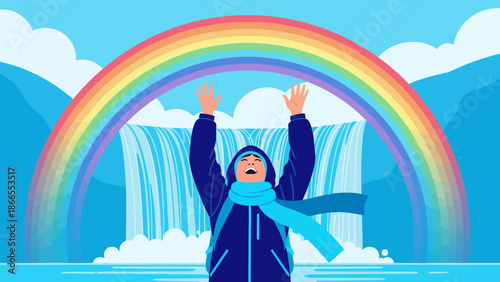 Cheerful Person Standing Under A Waterfall Admiring A Beautiful Rainbow