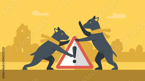 Cats With Scarves Handling Warning Sign Together In City Scenery Concept