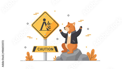 Caution Hazardous Vegetation, A Cartoonish Mascot Bear, Cartoon Animal Near Warning Sign