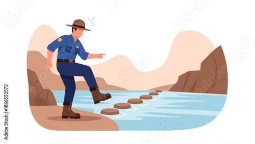 Cautious Crossing River Adventure Illustration Featuring Park Ranger Guide