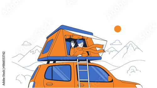 Cheerful Woman Camping in a Rooftop Tent with Car Enjoying Nature