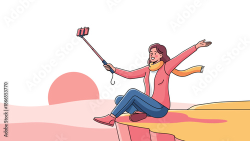 Cheerful Woman Capturing Scenic Sunset View With Smartphone Selfie Stick