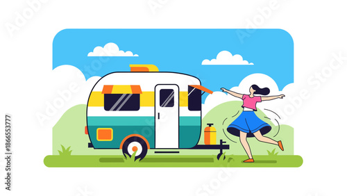 Cheerful Woman Enjoying Camping Vacation With Her Retro Caravan Adventure