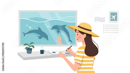 Cheerful Woman Writing Postcard With Dolphins, Tropical Vacation Memory In Summer