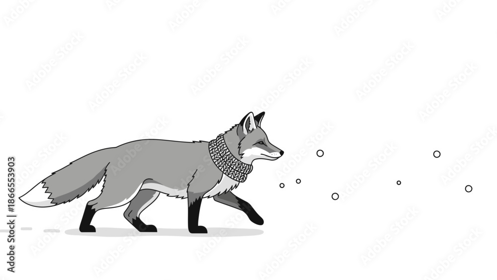 Fototapeta premium Charming Fox Wearing Scarf During Winter Isolated On White Background In Black And White