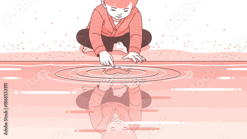 Child Contemplation In A Water Reflection, Calm River Scene, Inner Peace