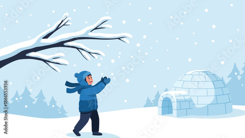 Child Enjoying The Winter Season Underneath Snowing Weather In An Igloo Field