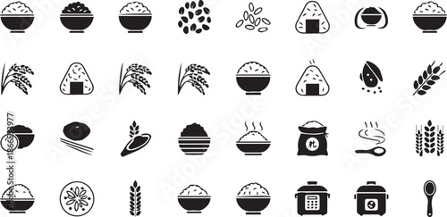Minimalist Rice and Paddy Grain Icons Set for Organic Agriculture and Asian Food Branding