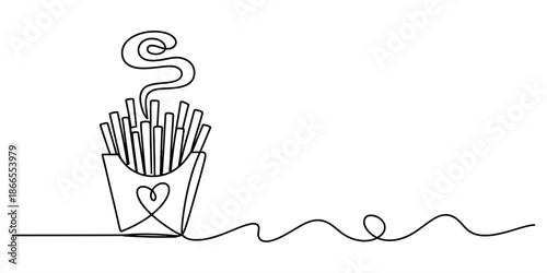 A single continuous line drawing of french fries in a container with a heart Vector, illustration