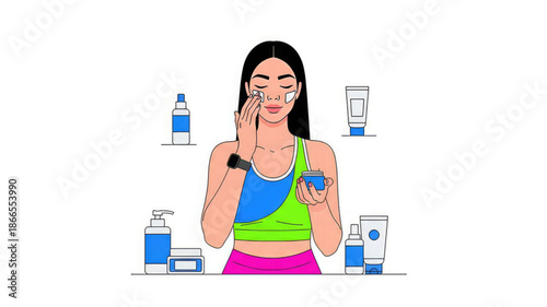 Woman applying face cream with various beauty products on a clean